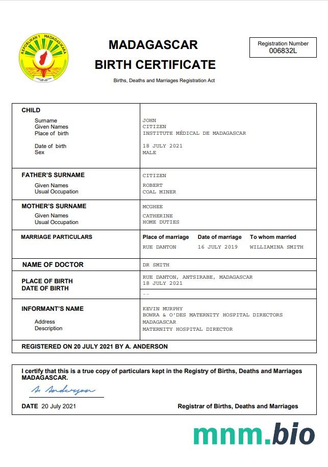 Madagascar rekord życiowy narodziny certyfikat Word i PDF szablon